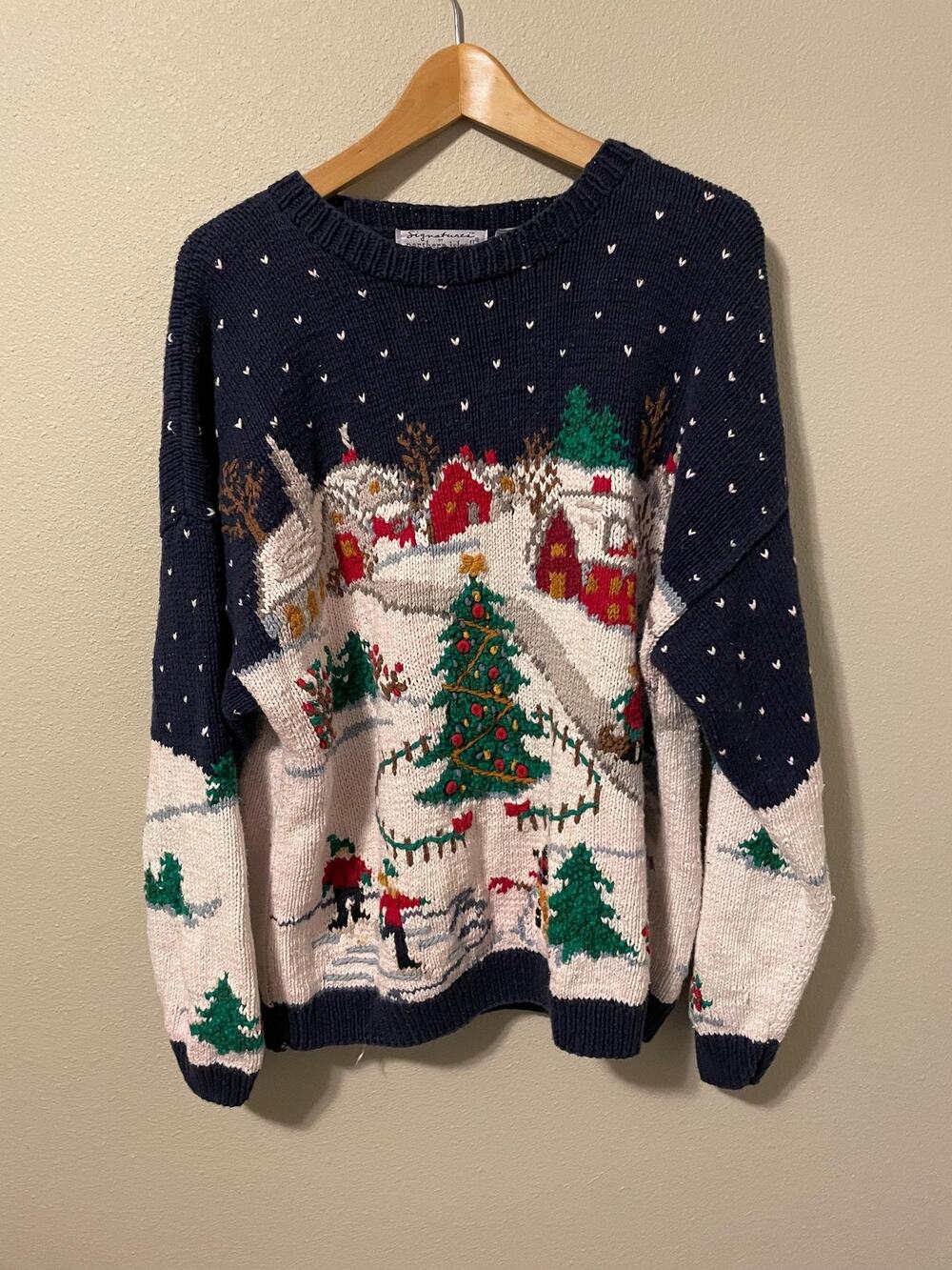 Vintage Signature By Northern Isles Womens Sweater 1X Christmas Village 90s READ